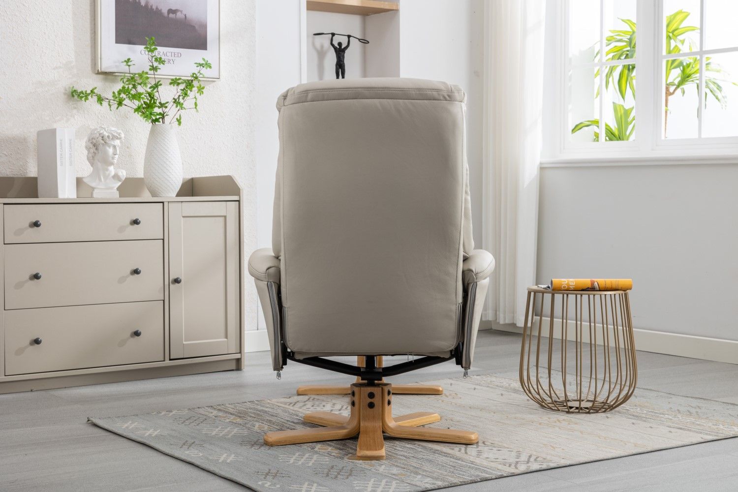 Mushroom Leather Swivel Recliner with Footstool Oak Base - Home Furniture Interiors