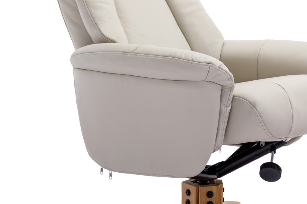 Mushroom Leather Swivel Recliner with Footstool Oak Base - Home Furniture Interiors