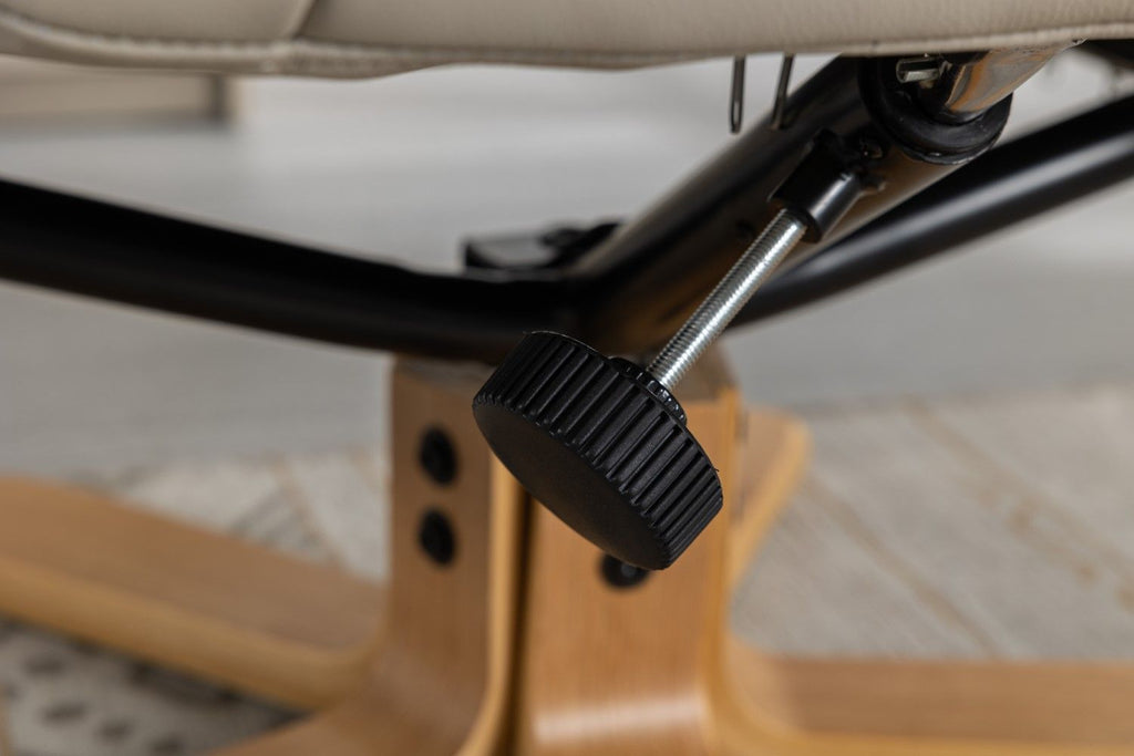 Mushroom Leather Swivel Recliner with Footstool Oak Base - Home Furniture Interiors