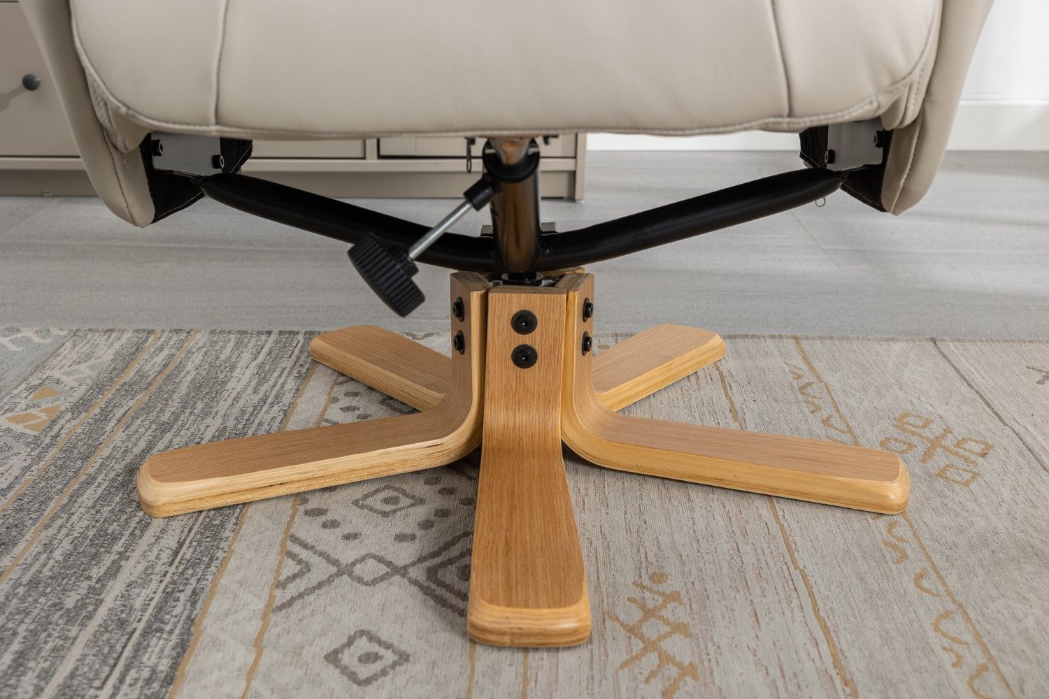 Mushroom Leather Swivel Recliner with Footstool Oak Base - Home Furniture Interiors