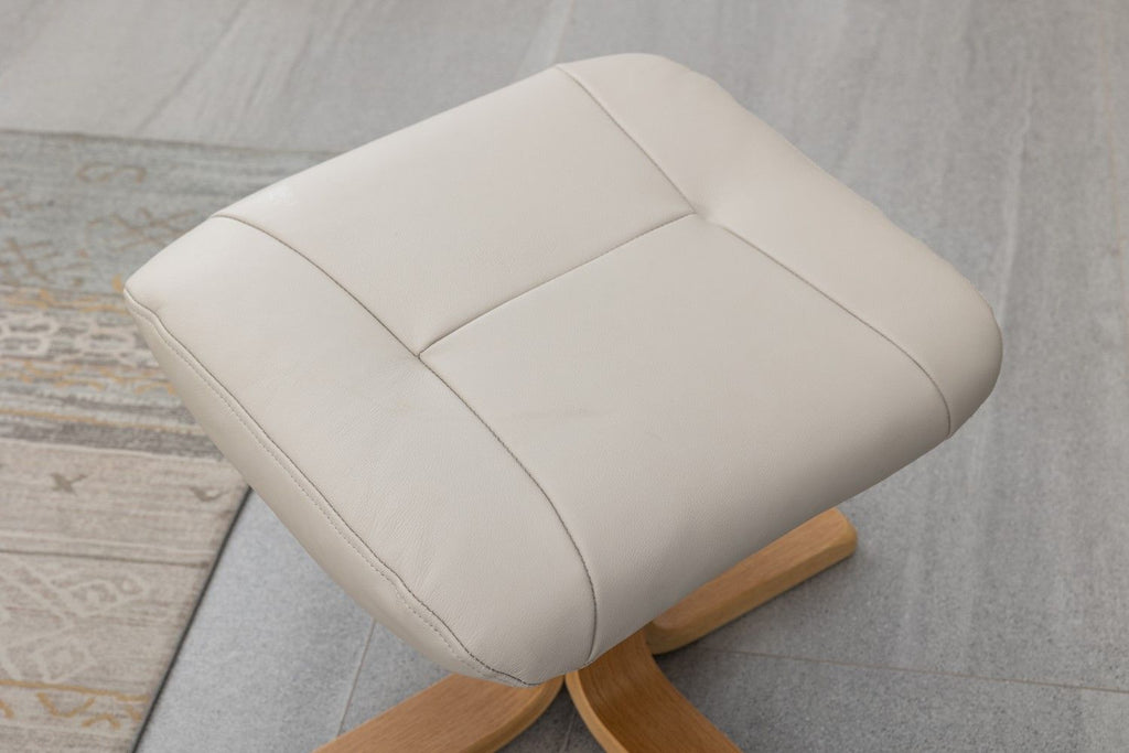 Mushroom Leather Swivel Recliner with Footstool Oak Base - Home Furniture Interiors