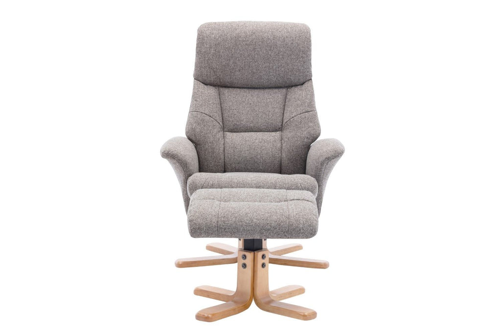 Natural Fabric Swivel Recliner with Footstool Oak Base - Home Furniture Interiors
