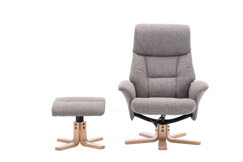 Natural Fabric Swivel Recliner with Footstool Oak Base - Home Furniture Interiors