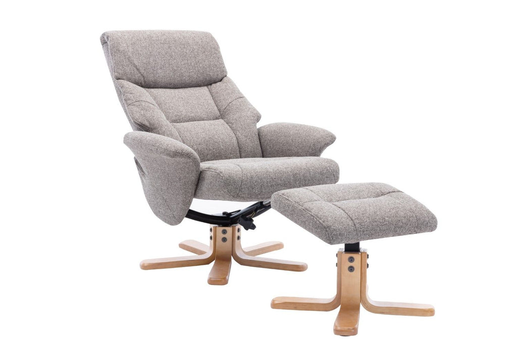 Natural Fabric Swivel Recliner with Footstool Oak Base - Home Furniture Interiors
