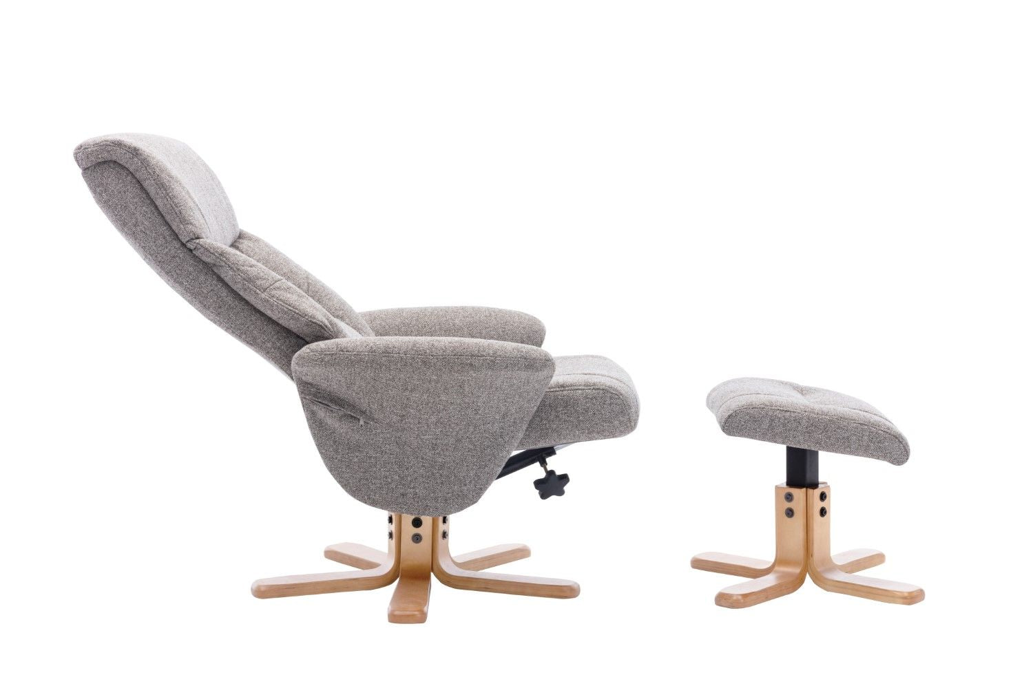 Natural Fabric Swivel Recliner with Footstool Oak Base - Home Furniture Interiors