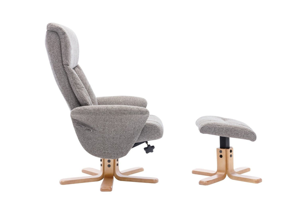 Natural Fabric Swivel Recliner with Footstool Oak Base - Home Furniture Interiors