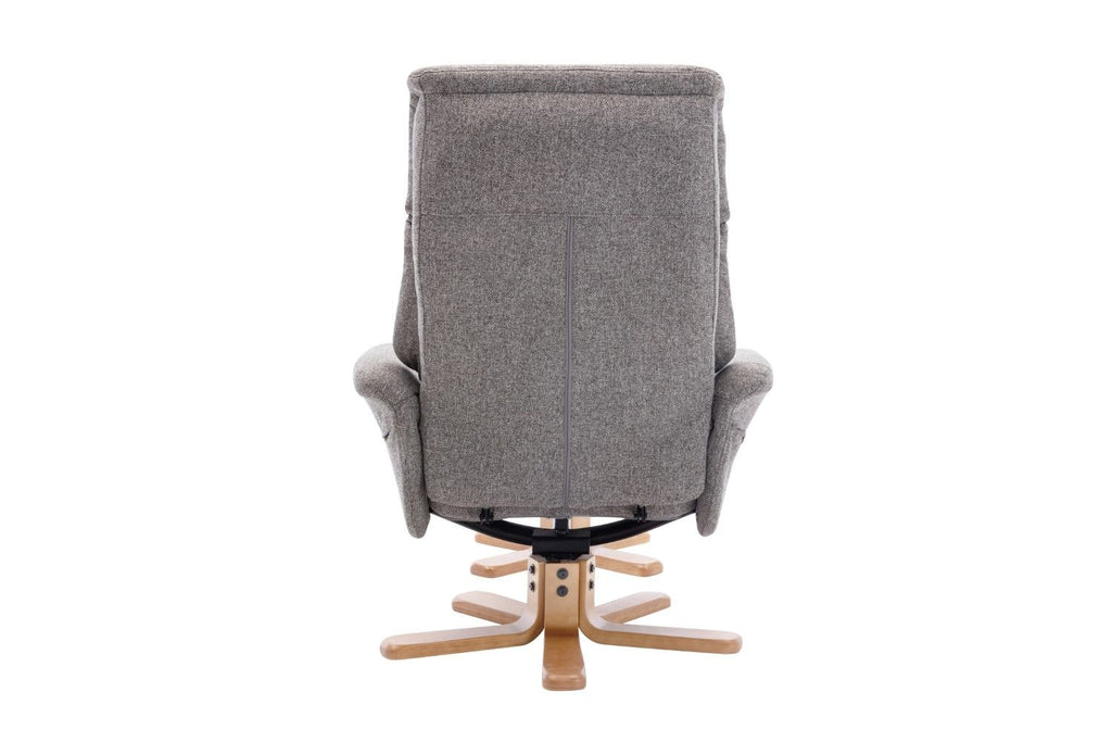 Natural Fabric Swivel Recliner with Footstool Oak Base - Home Furniture Interiors