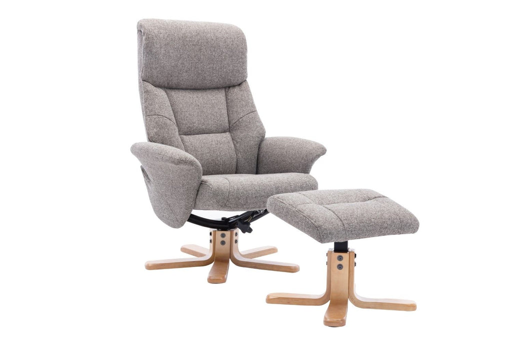 Natural Fabric Swivel Recliner with Footstool Oak Base - Home Furniture Interiors