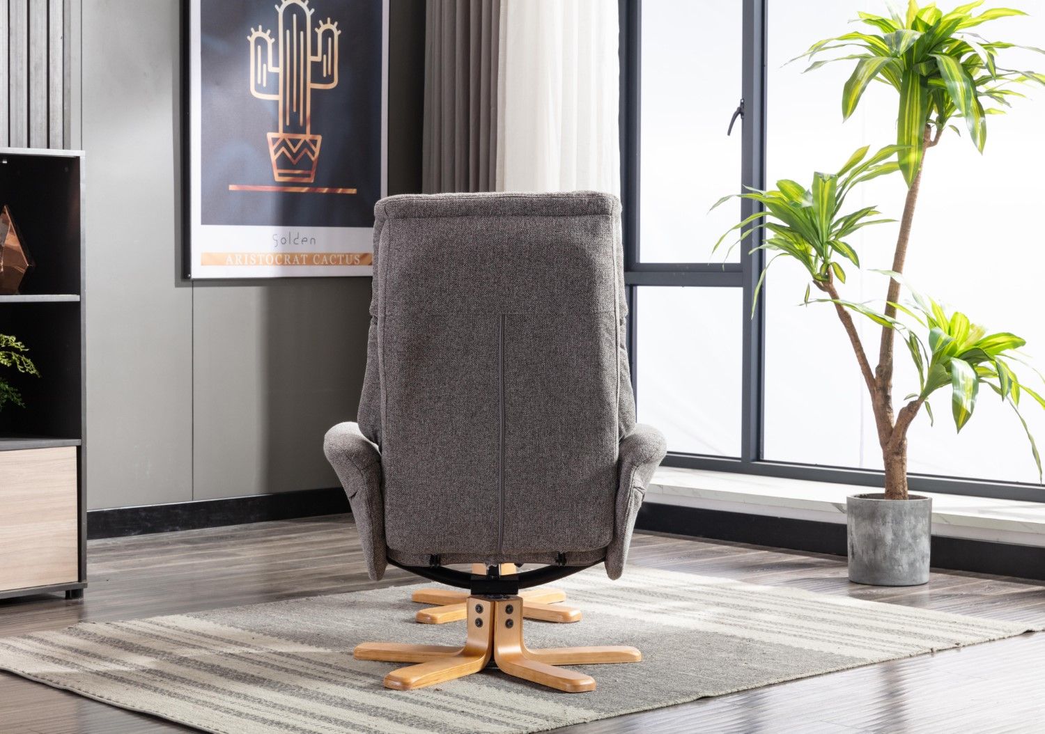 Natural Fabric Swivel Recliner with Footstool Oak Base - Home Furniture Interiors