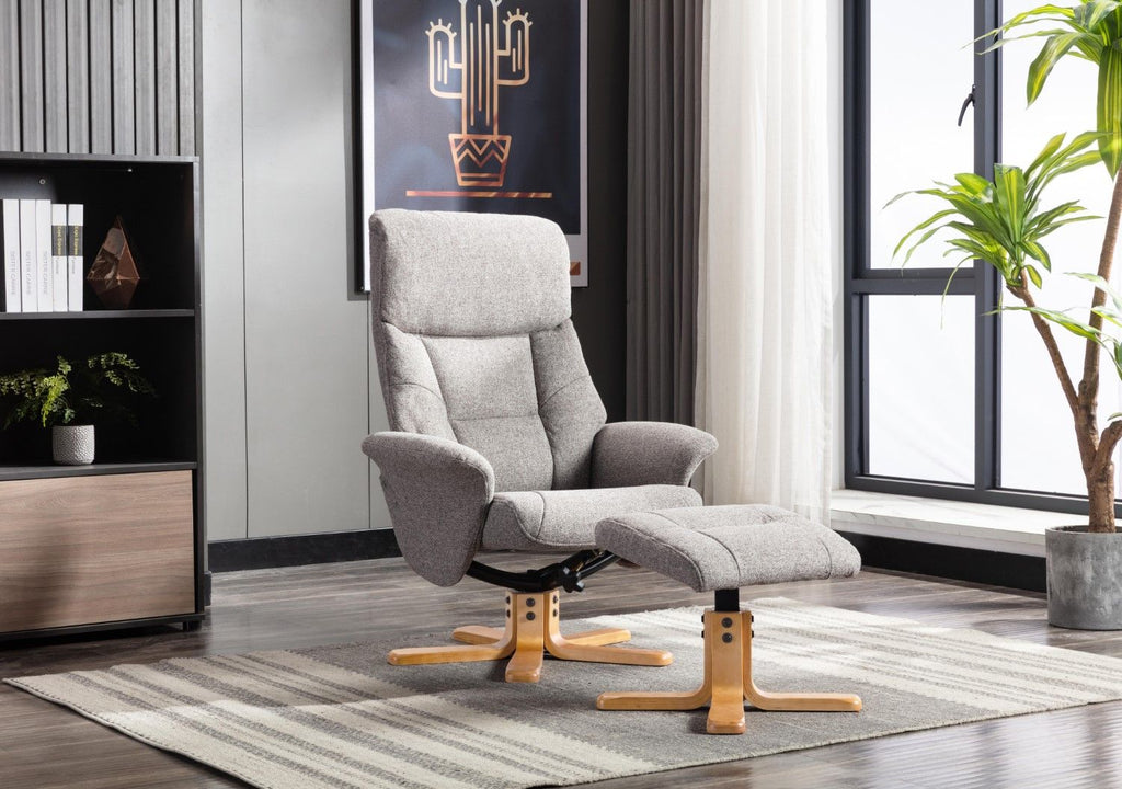 Natural Fabric Swivel Recliner with Footstool Oak Base - Home Furniture Interiors