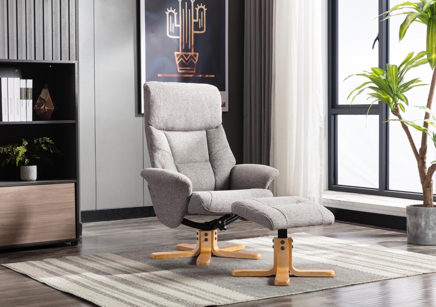 Natural Fabric Swivel Recliner with Footstool Oak Base - Home Furniture Interiors