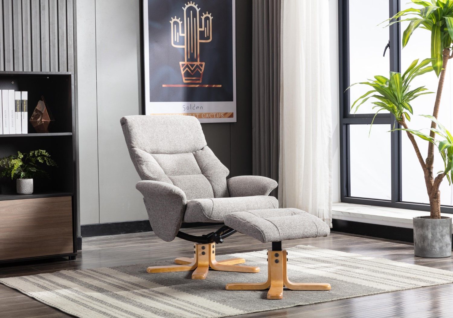 Natural Fabric Swivel Recliner with Footstool Oak Base - Home Furniture Interiors