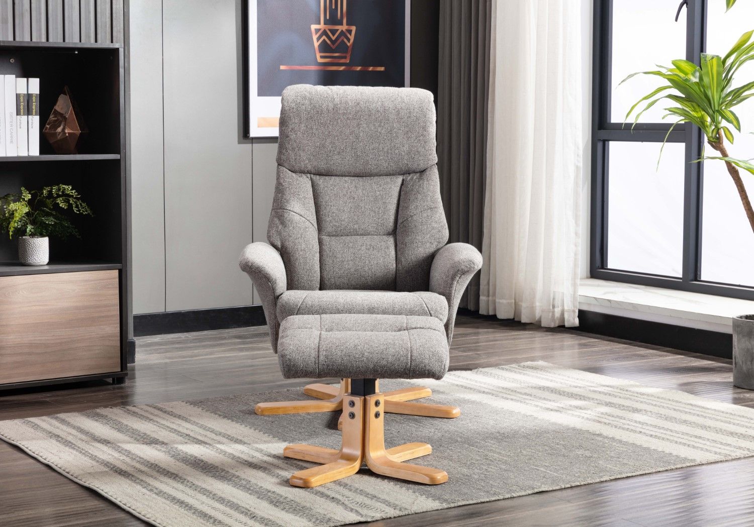 Natural Fabric Swivel Recliner with Footstool Oak Base - Home Furniture Interiors