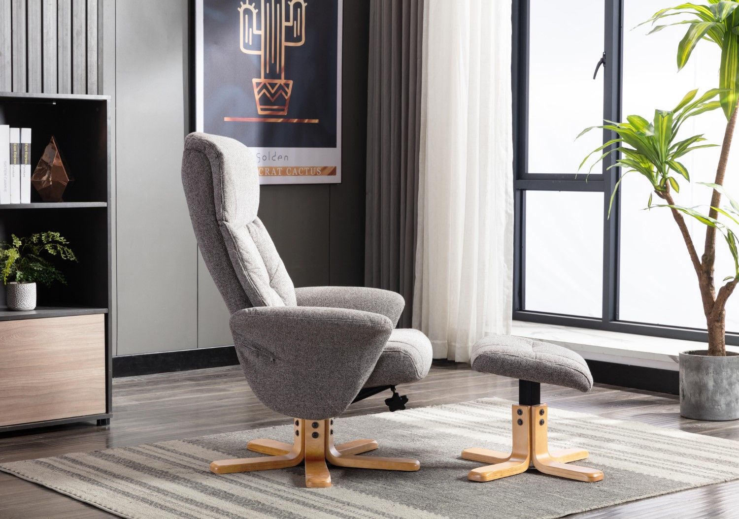 Natural Fabric Swivel Recliner with Footstool Oak Base - Home Furniture Interiors
