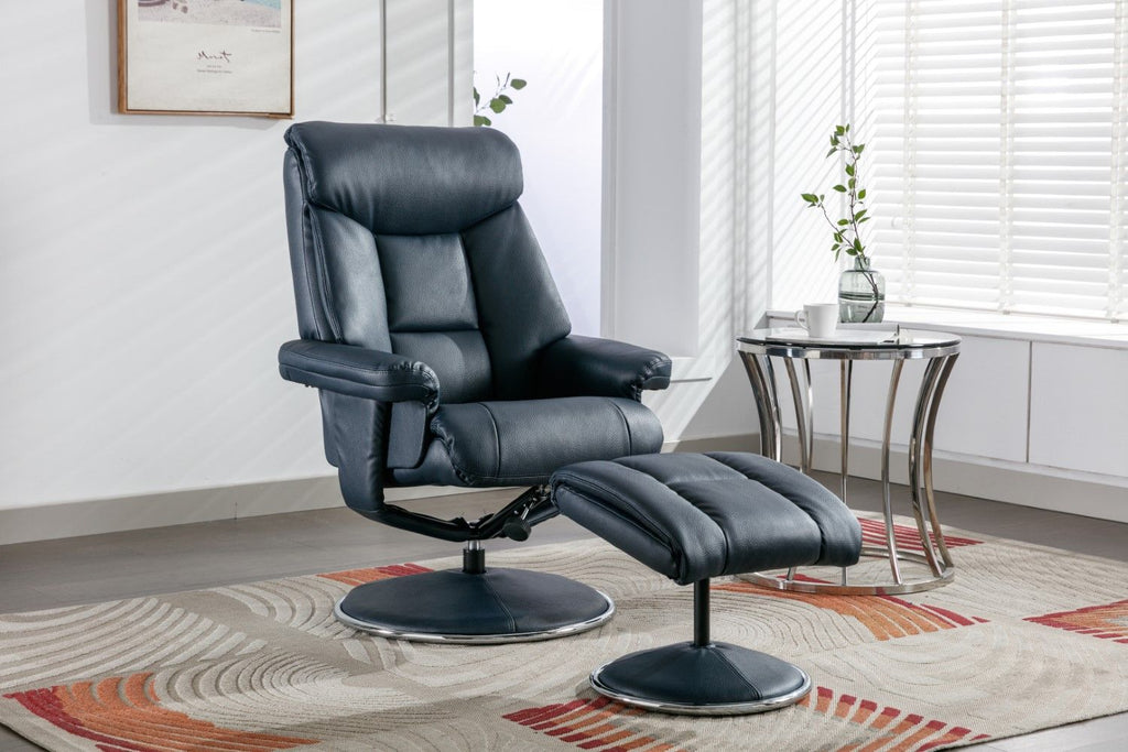 Navy Blue Leather Effect Recliner With Footstool Chrome Trim