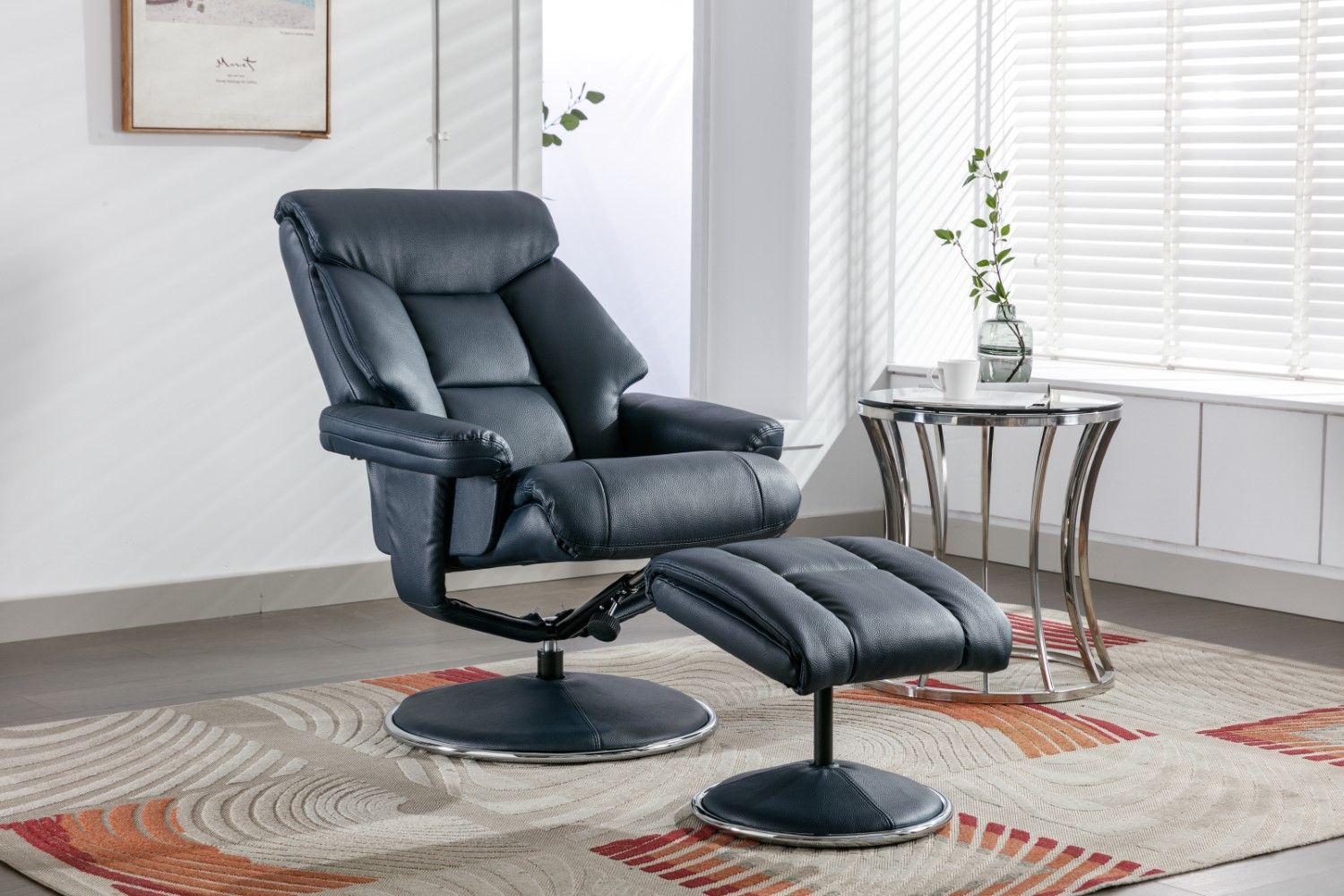 Navy Blue Leather Effect Recliner With Footstool Chrome Trim - Home Furniture Interiors
