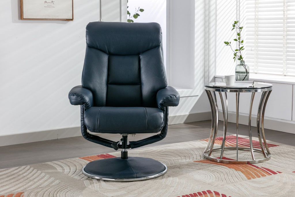Navy Blue Leather Effect Recliner With Footstool Chrome Trim - Home Furniture Interiors