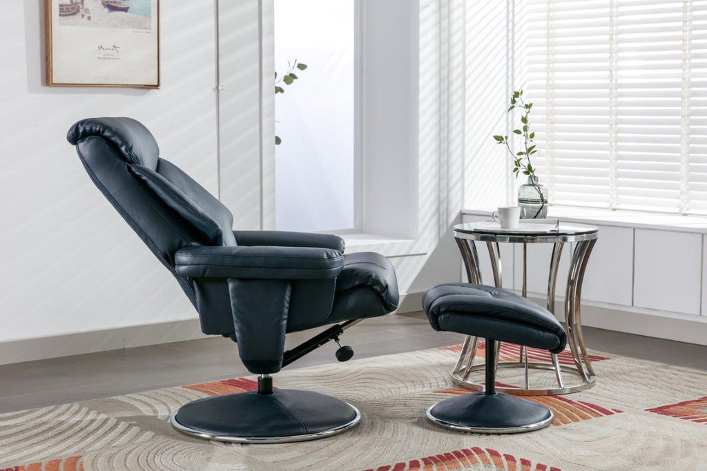 Navy Blue Leather Effect Recliner With Footstool Chrome Trim - Home Furniture Interiors