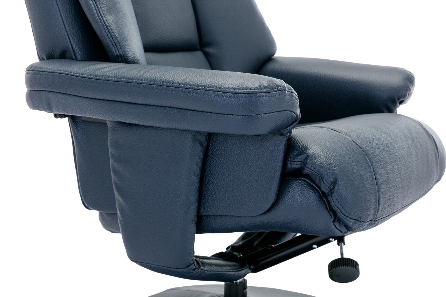 Navy Blue Leather Effect Recliner With Footstool Chrome Trim - Home Furniture Interiors