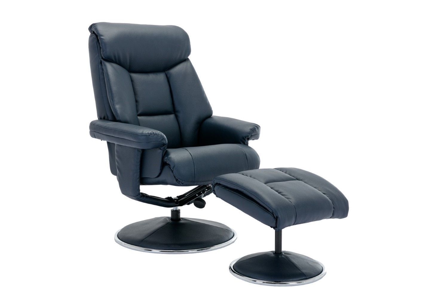 Navy Blue Leather Effect Recliner With Footstool Chrome Trim - Home Furniture Interiors