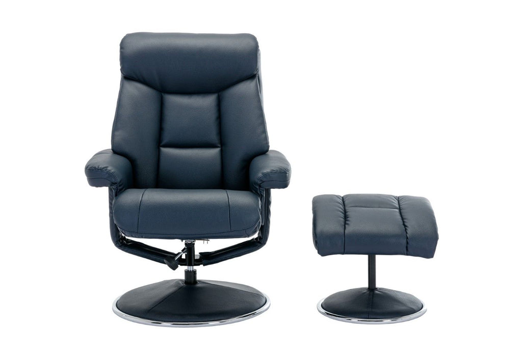 Navy Blue Leather Effect Recliner With Footstool Chrome Trim - Home Furniture Interiors