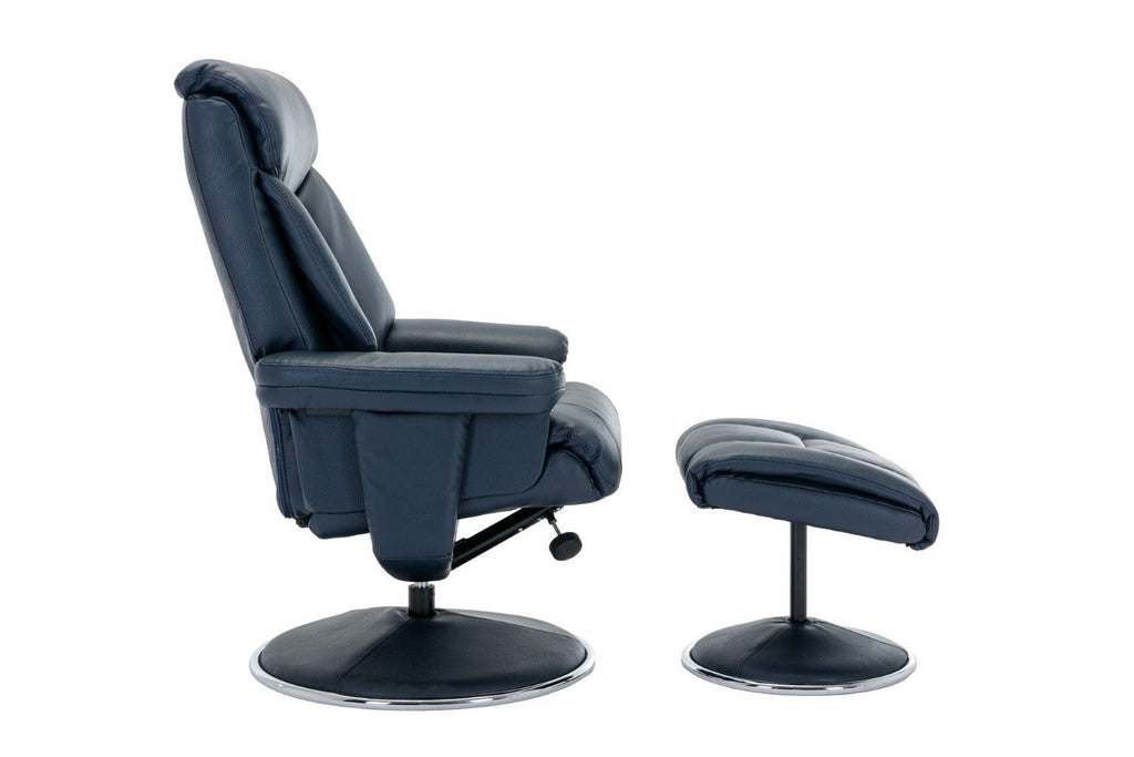 Navy Blue Leather Effect Recliner With Footstool Chrome Trim - Home Furniture Interiors