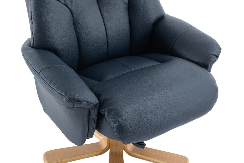 Navy Blue Leather Effect Swivel Recliner Footstool Oak Base - Home Furniture Interiors