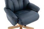 Navy Blue Leather Effect Swivel Recliner Footstool Oak Base - Home Furniture Interiors