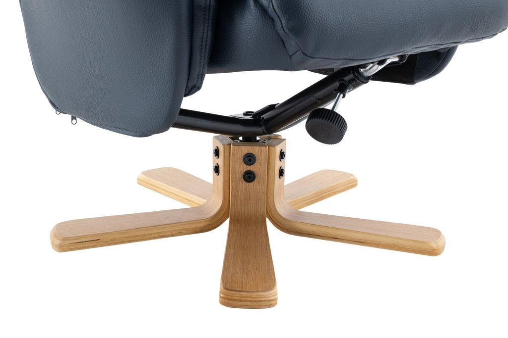 Navy Blue Leather Effect Swivel Recliner Footstool Oak Base - Home Furniture Interiors