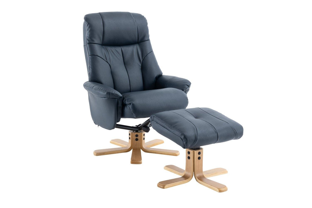 Navy Blue Leather Effect Swivel Recliner Footstool Oak Base - Home Furniture Interiors