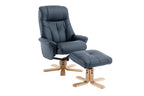 Navy Blue Leather Effect Swivel Recliner Footstool Oak Base - Home Furniture Interiors