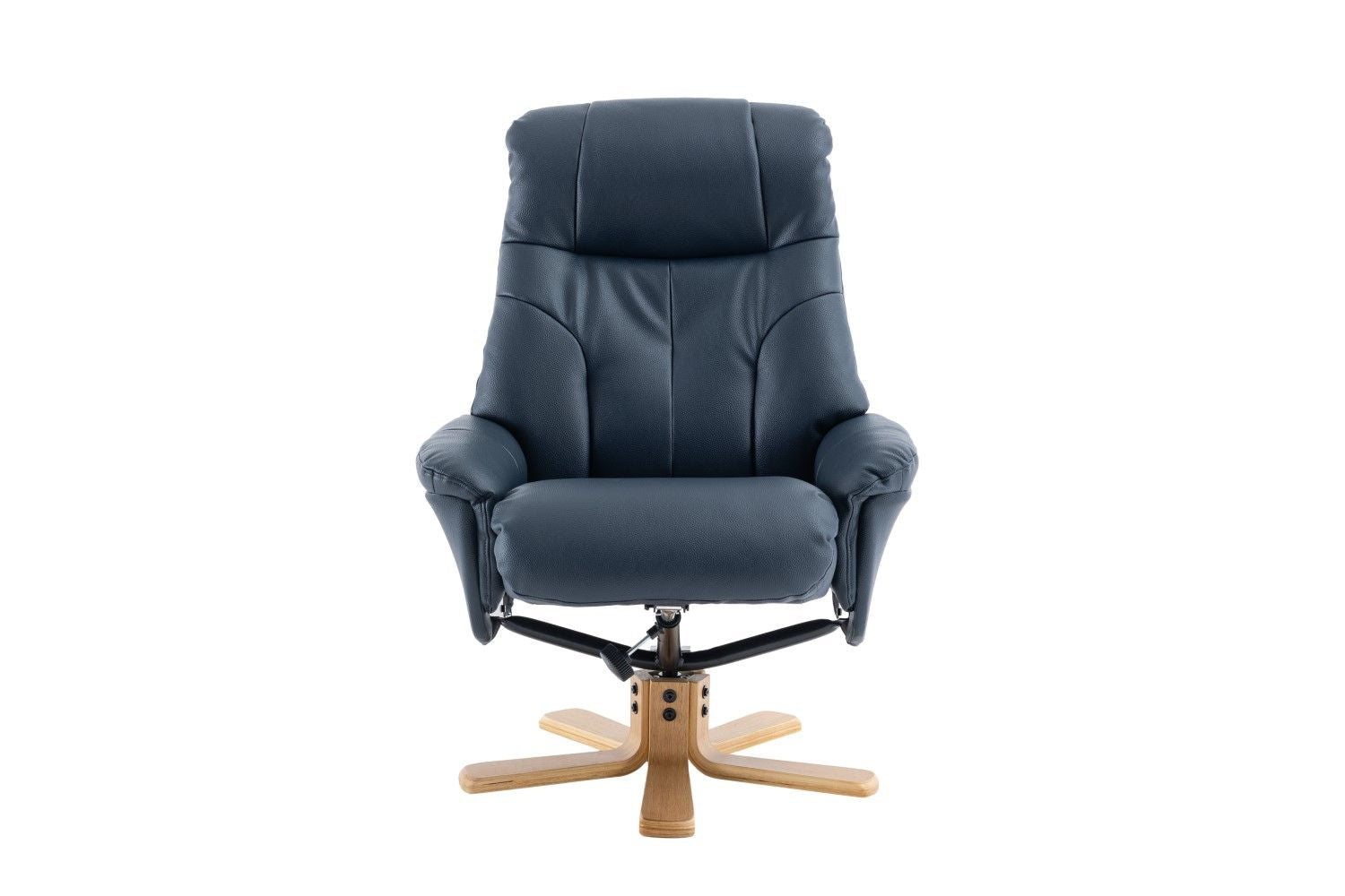 Navy Blue Leather Effect Swivel Recliner Footstool Oak Base - Home Furniture Interiors