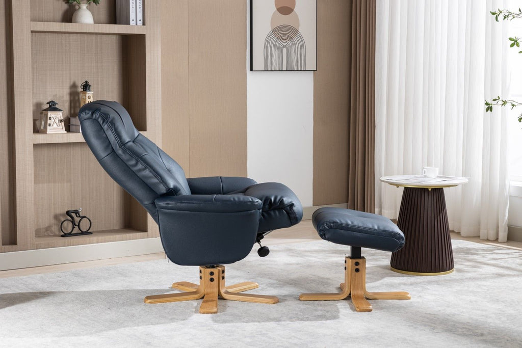 Navy Blue Leather Effect Swivel Recliner Footstool Oak Base - Home Furniture Interiors