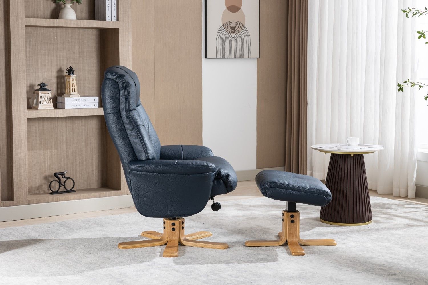 Navy Blue Leather Effect Swivel Recliner Footstool Oak Base - Home Furniture Interiors