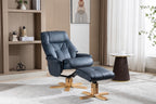 Navy Blue Leather Effect Swivel Recliner Footstool Oak Base - Home Furniture Interiors