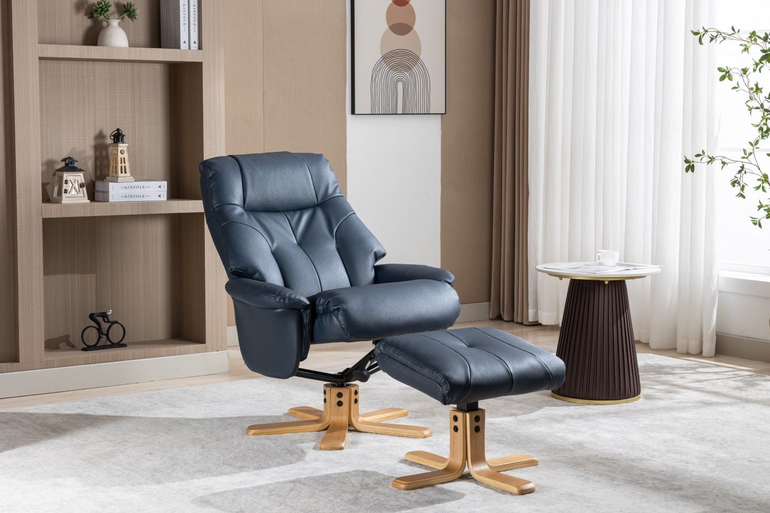 Navy Blue Leather Effect Swivel Recliner Footstool Oak Base - Home Furniture Interiors