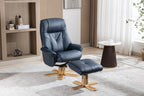 Navy Blue Leather Effect Swivel Recliner Footstool Oak Base - Home Furniture Interiors