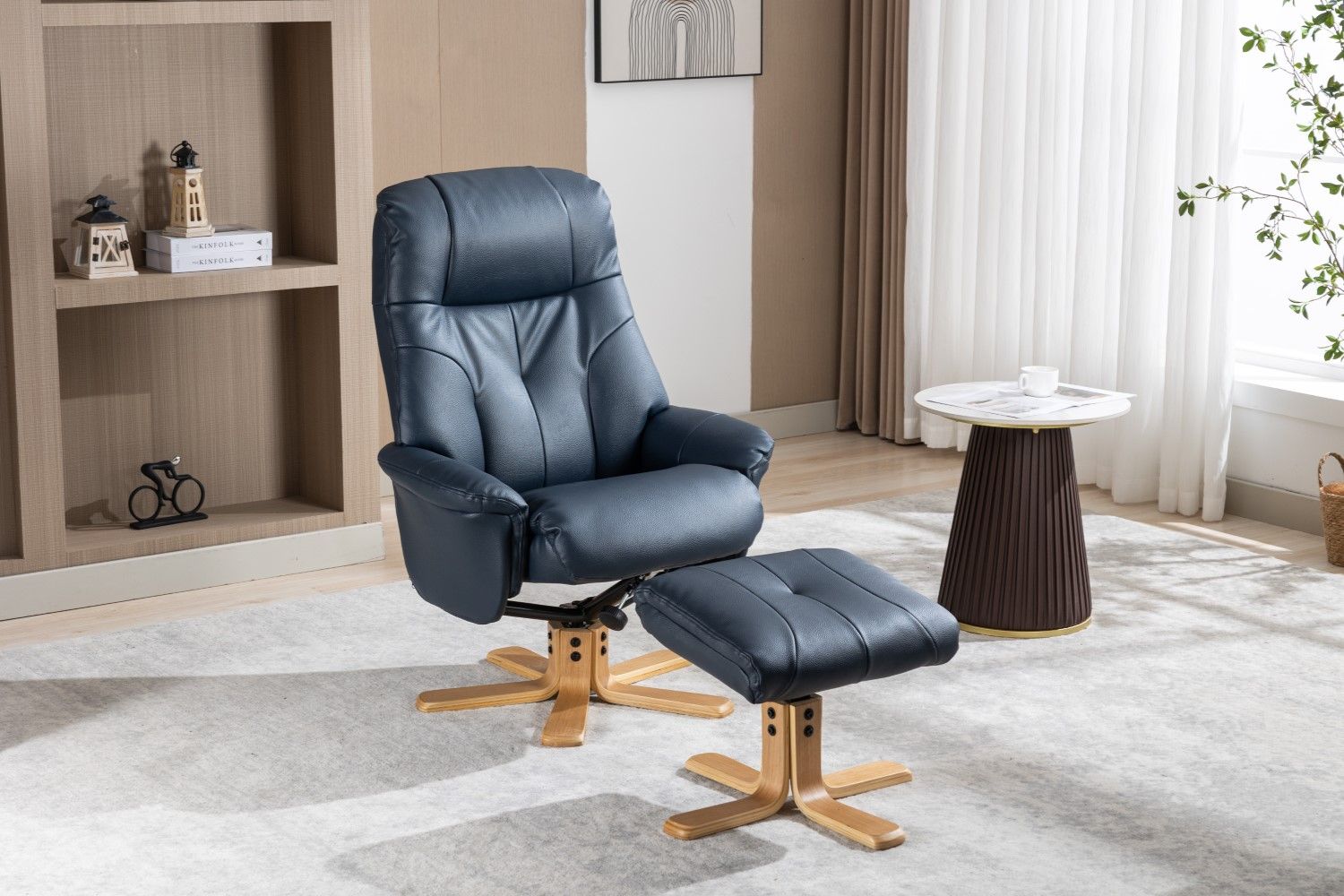 Navy Blue Leather Effect Swivel Recliner Footstool Oak Base - Home Furniture Interiors