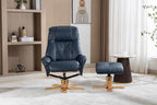 Navy Blue Leather Effect Swivel Recliner Footstool Oak Base - Home Furniture Interiors
