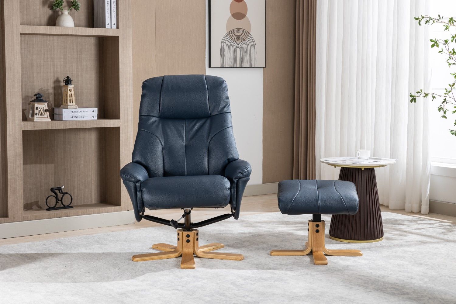 Navy Blue Leather Effect Swivel Recliner Footstool Oak Base - Home Furniture Interiors