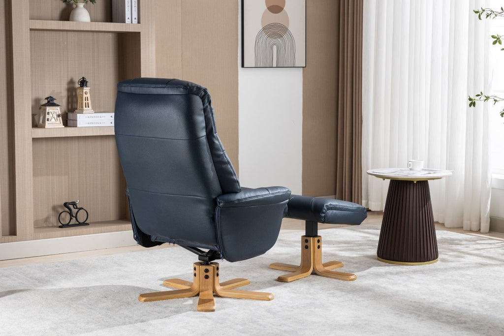 Navy Blue Leather Effect Swivel Recliner Footstool Oak Base - Home Furniture Interiors
