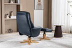 Navy Blue Leather Effect Swivel Recliner Footstool Oak Base - Home Furniture Interiors