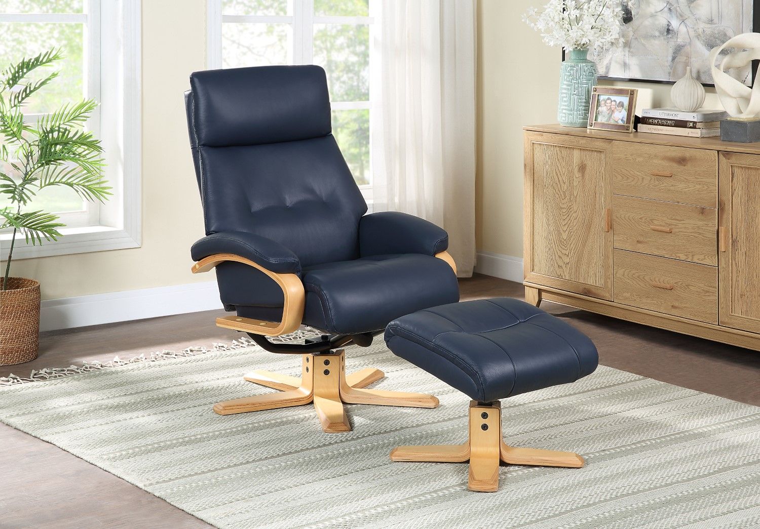 Navy Blue Leather Swivel Recliner Chair with Footstool