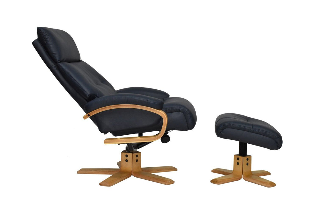 Navy Blue Leather Swivel Recliner Chair with Footstool