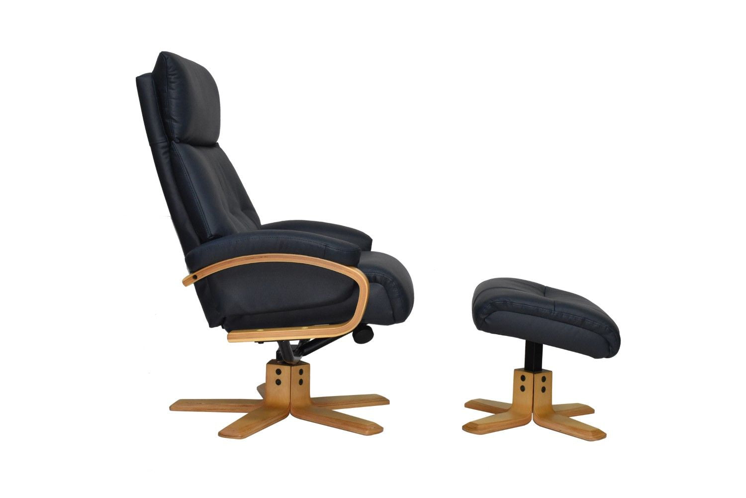 Navy Blue Leather Swivel Recliner Chair with Footstool