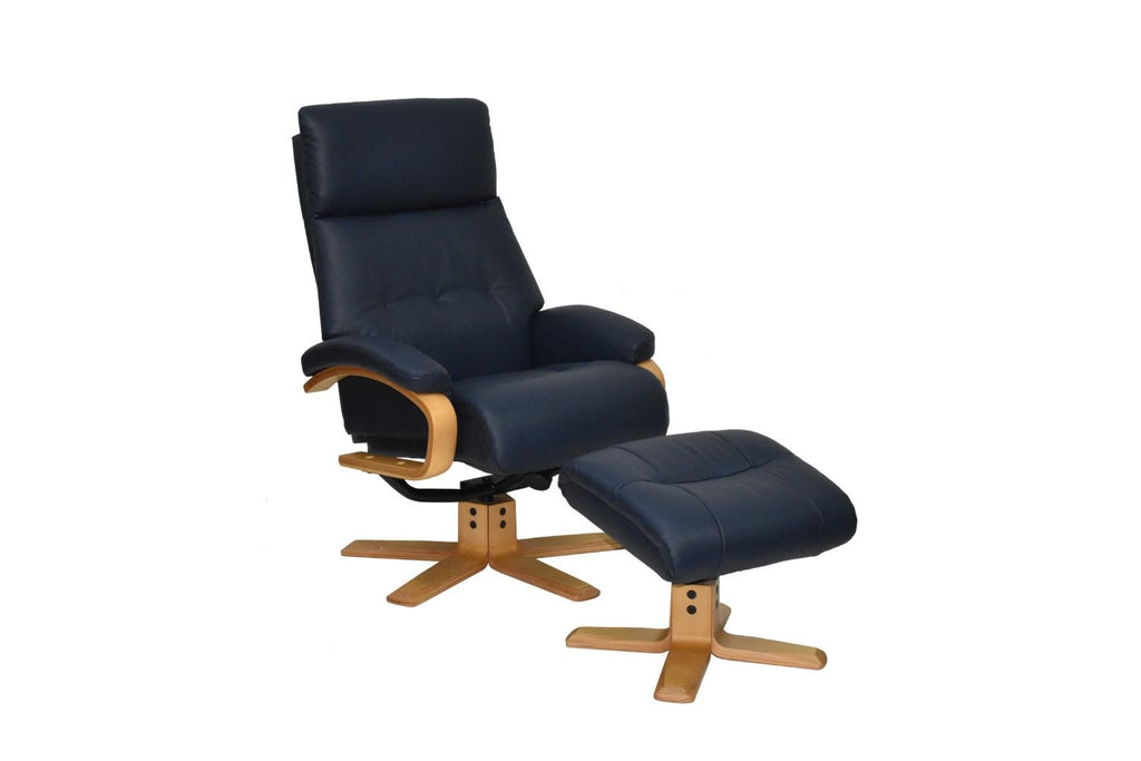 Navy Blue Leather Swivel Recliner Chair with Footstool
