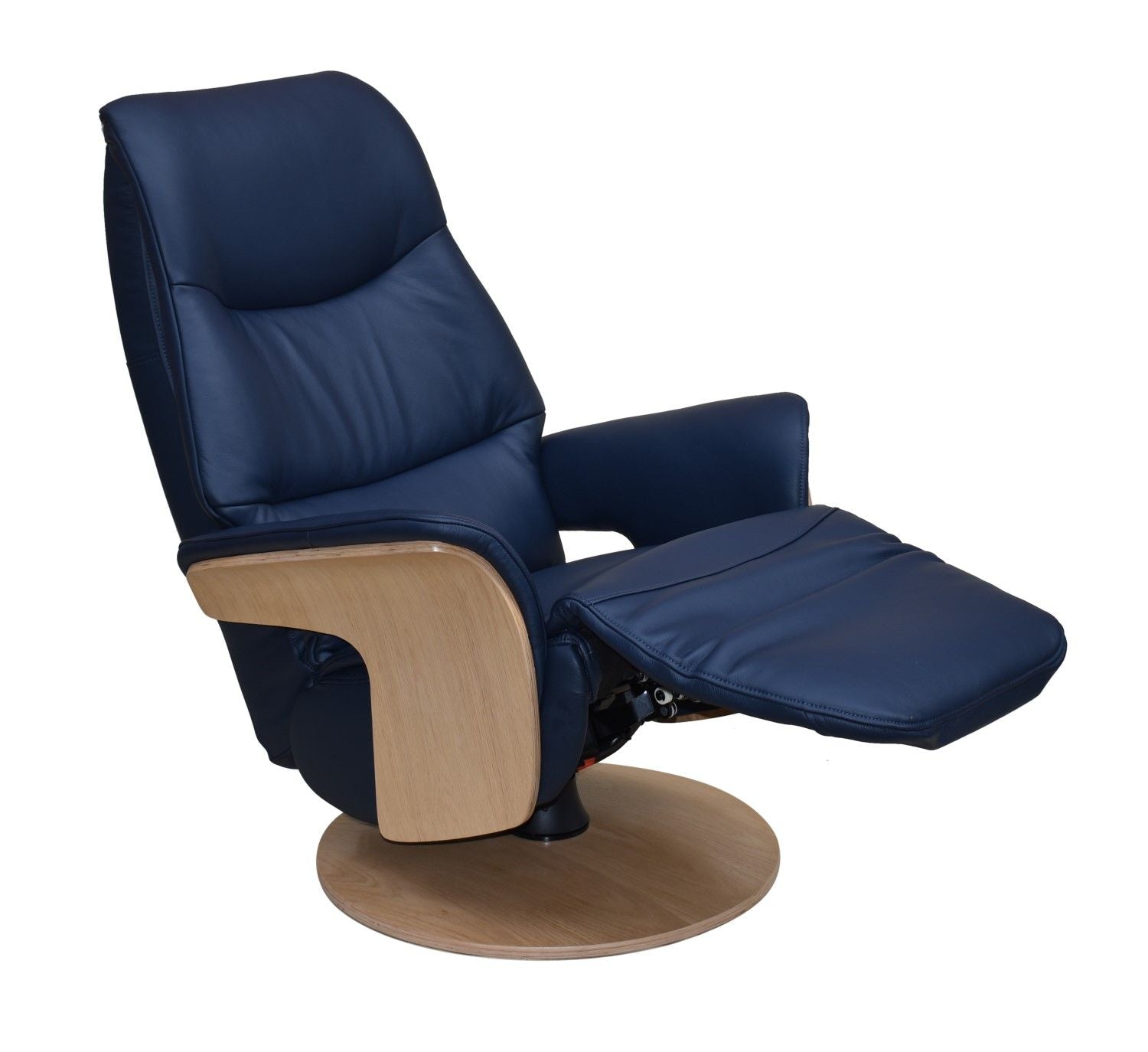 Navy Blue Leather Swivel Recliner with Integrated Footstool - Home Furniture Interiors
