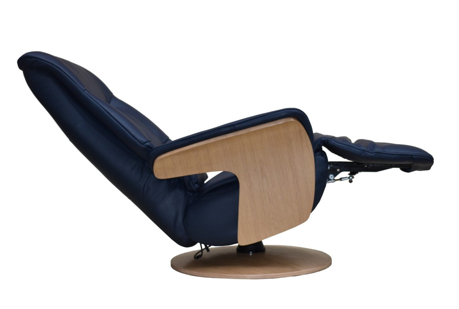 Navy Blue Leather Swivel Recliner with Integrated Footstool - Home Furniture Interiors