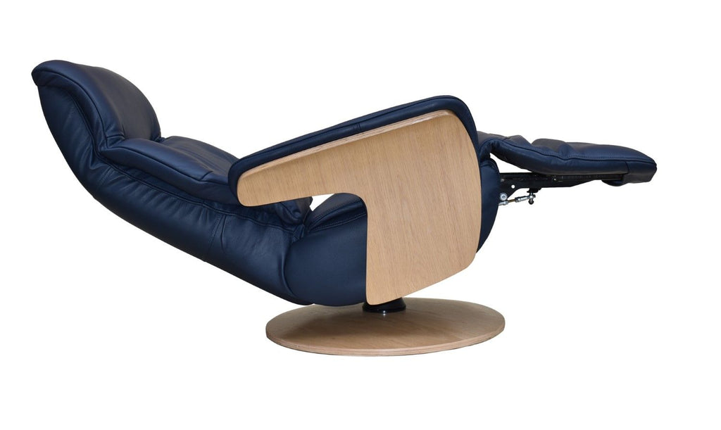 Navy Blue Leather Swivel Recliner with Integrated Footstool - Home Furniture Interiors