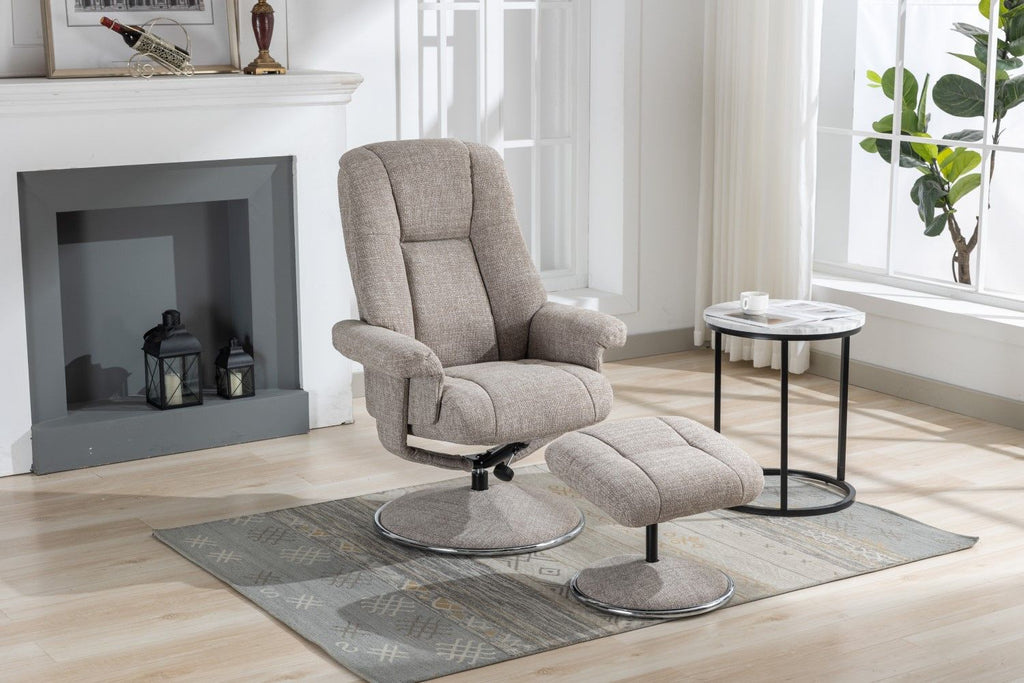 Oat Fabric Swivel Recliner and Footstool Chrome Trimmed